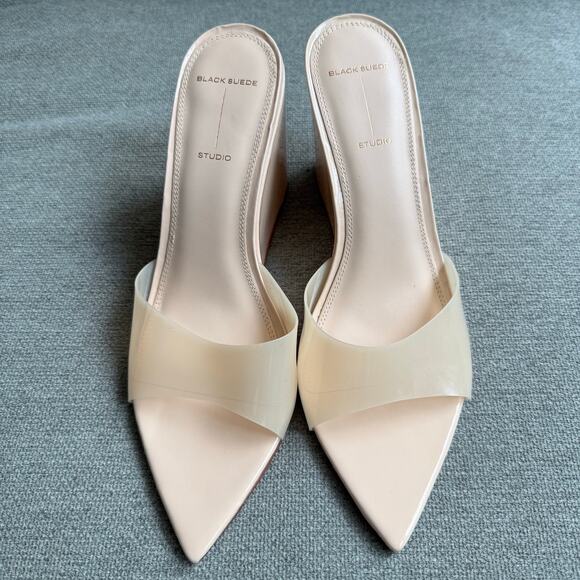 BLACK SUEDE STUDIO Paloma Wedge Sandal Cream Transparent Upper Sz 9.5 - Picture 2 of 13
